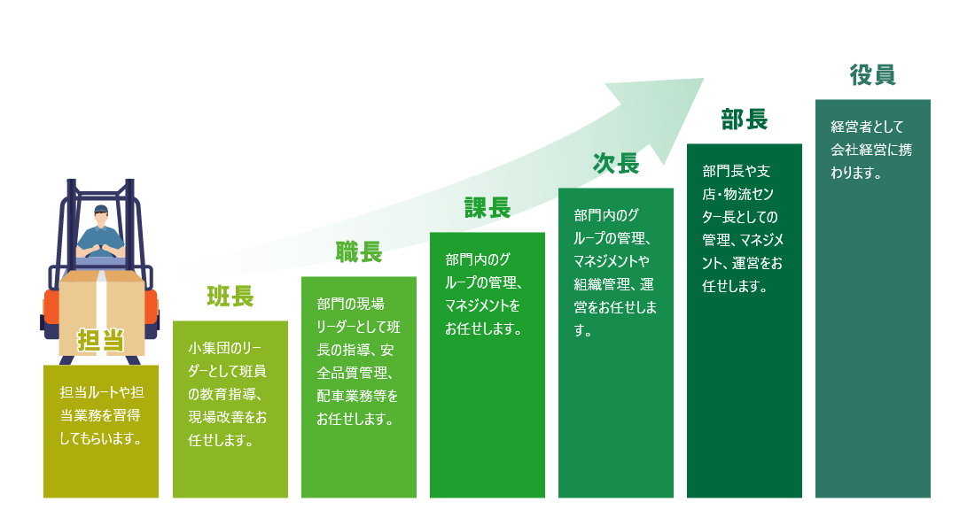 担当:担当ルートや担当業務を習得してもらいます。
主任:小集団のリーダーとして班員の教育指導、現場改善をお任せします。
職長:部門の現場リーダーとして班長の指導、安全品質管理、配車業務等をお任せします。
課長:部門内のグループの管理、マネジメントをお任せします。
次長:部門内のグループの管理、マネジメントや組織管理、運営をお任せします。
部長:部門長や支店・物流センター長としての管理、マネジメント、運営をお任せします。
役員:経営者として会社経営に携わります。